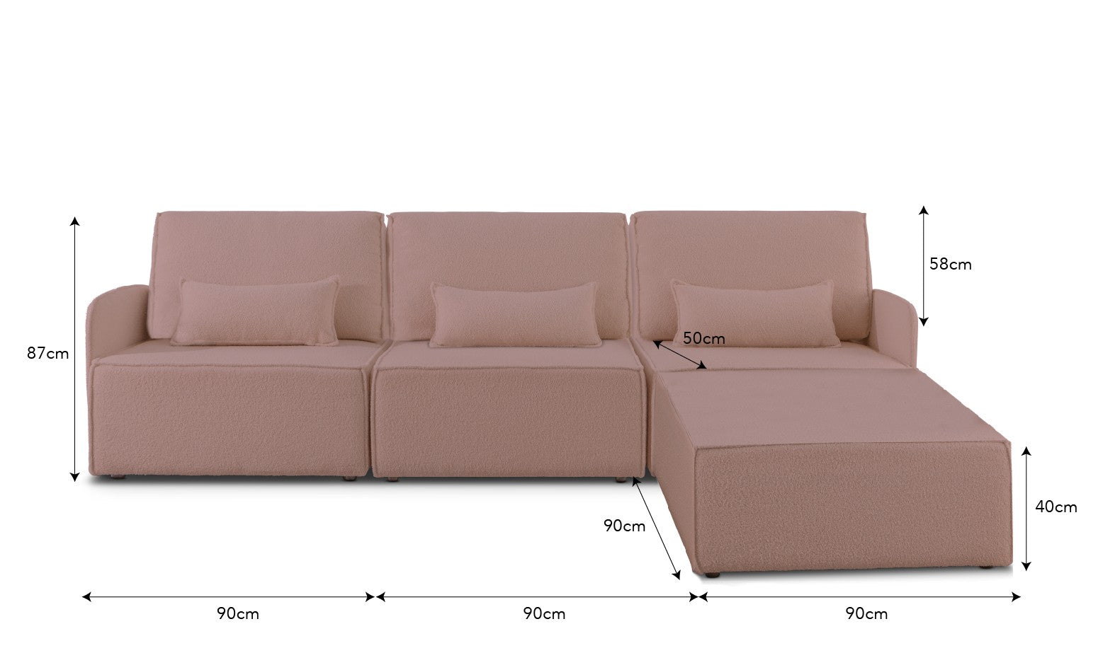 Sofa Modular Lea 3 plazas Chaiselongue Soft Pink
