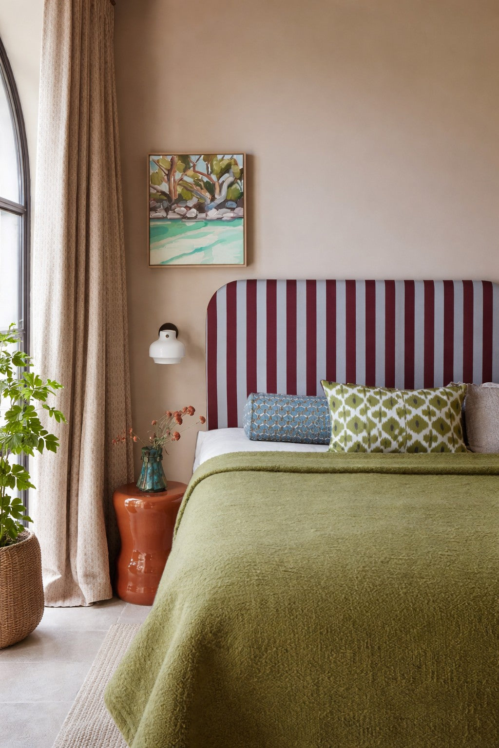 Eddie Headboard Upholstered in Striped Velvet for 150cm Bed Cherry-Soda