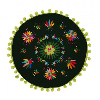 Cojin Redondo Lino (Ave Otomi Negro)