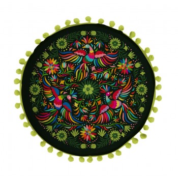 Cojin Redondo Lino (Ave Otomi Negro)
