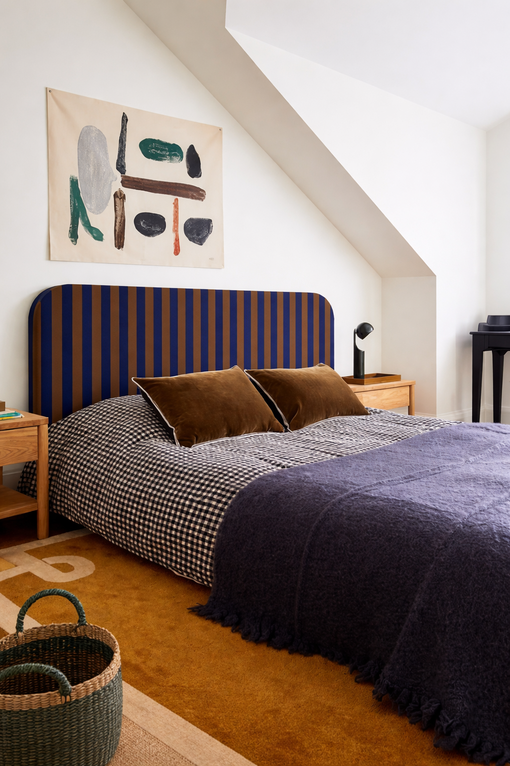Tête de lit Eddie revêtue de velours rayé pour lit de 150 cm - Bleu tabac