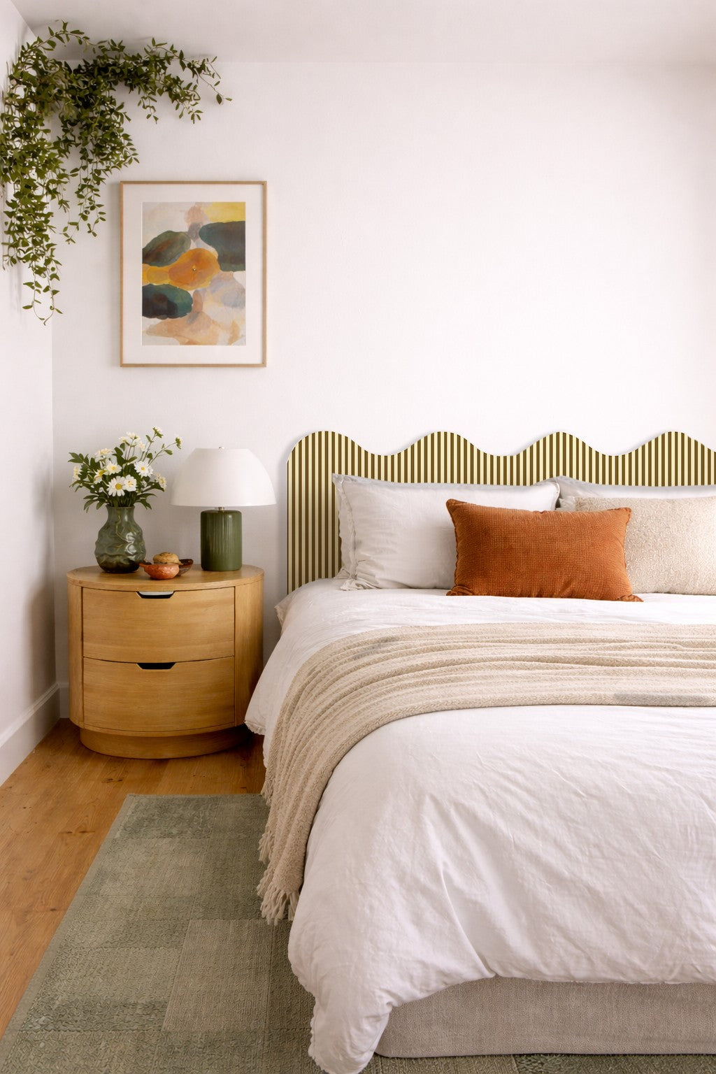 Wavy Headboard Upholstered in Striped Velvet for 150cm Bed Butter Toast