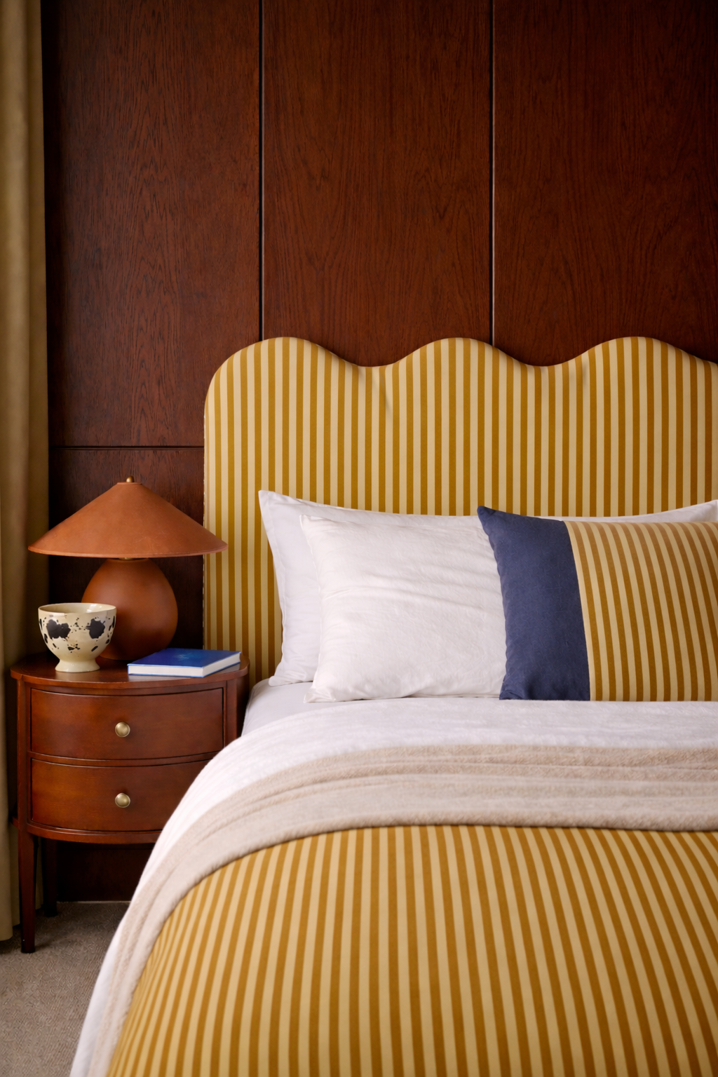 Wavy Headboard Upholstered in Striped Velvet for 150cm Bed Butter Toast
